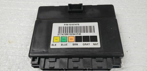 Front view of the 2006-2007 Sierra 2500 BCM, part 15107479, showing multiple electrical connector ports. This pre-programmed module fixes power accessory failures.