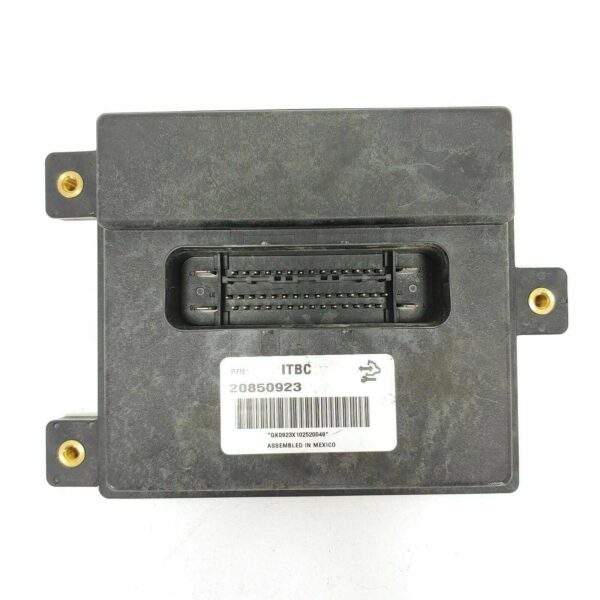 Close-up photo of 2008-2009 Chevrolet Silverado 1500 trailer brake control module 20850923, VIN-programmed to resolve DTC C1112 and stabilize towing brakes with visible connectors and frame mount.